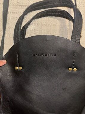 Half United Black Leather Shoulder Tote with Brass Rivet Detail